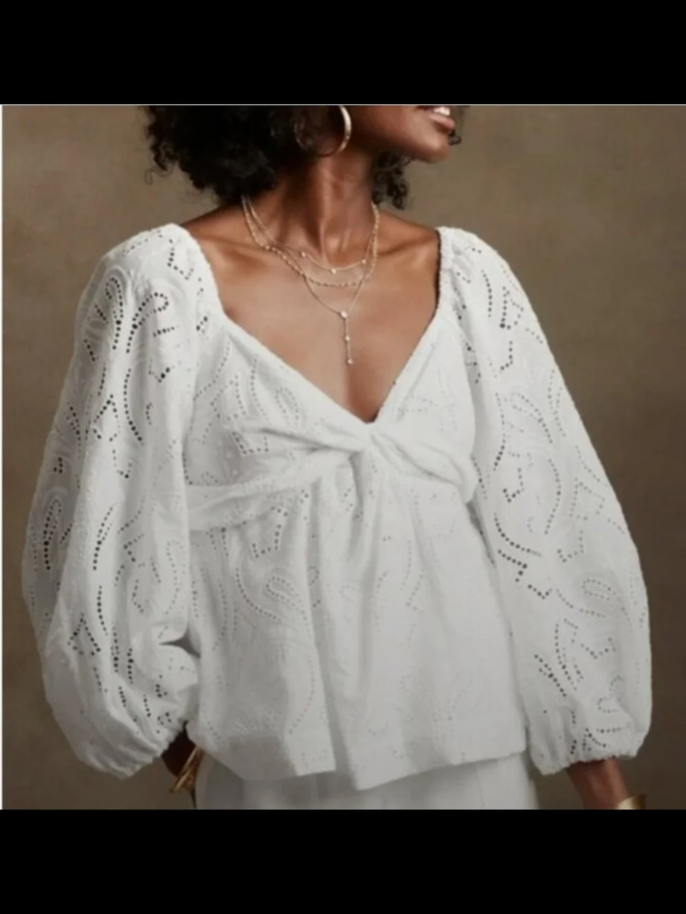 Banana Republic White Eyelet Twist-Front Puff Sleeve Top